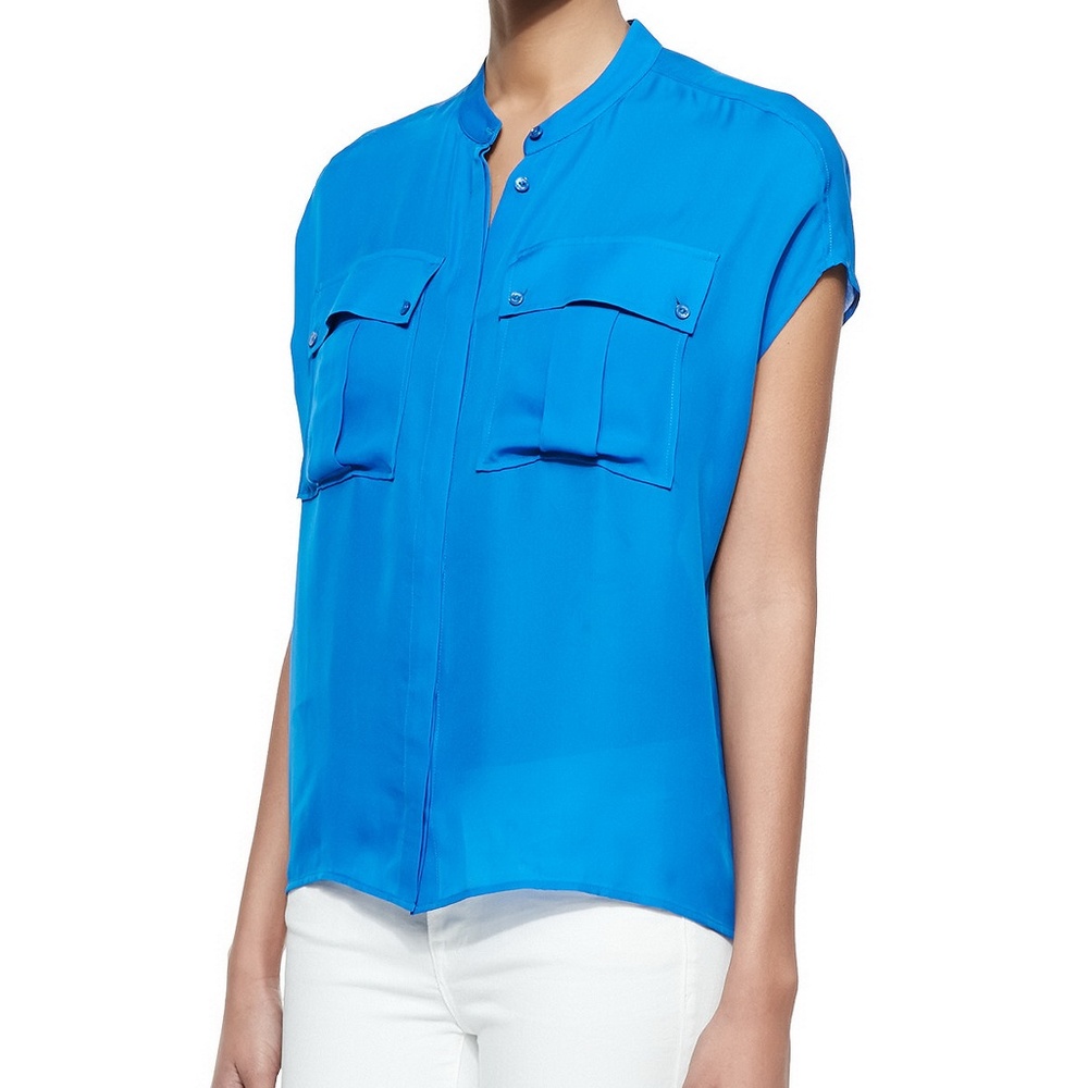 VINCE Silk Cap Sleeve Blouse – Blue - Work-to-Weekend Top